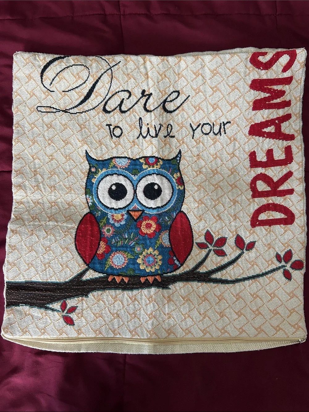 Whimsical Owl Decorative Pillow Covers - Neutral, Red, Teal Accents